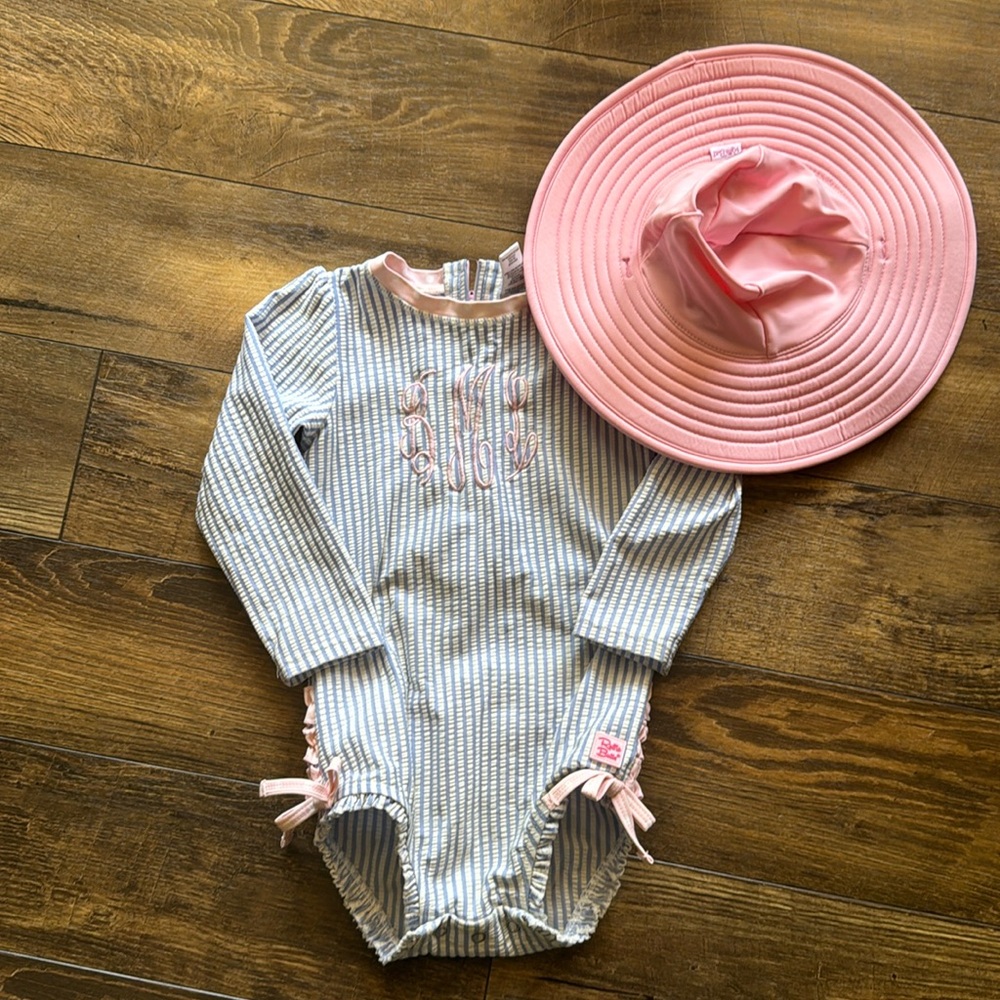 Ruffle Butts 2T light blue seersucker swimsuit with monogram & sun hat